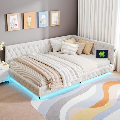 Poeahu Polsterbett Schlafsofa 140x200 cm, Tagesbett mit LED und USB, Doppelbett Jugendbett mit Rückenlehne, Daybett Gästebett Kinderbett mit Lattenrost, Samtstoff, Ohne Matratze