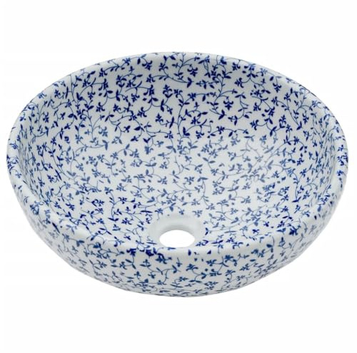 Vasque à Poser, Lavabo à Poser en Céramique Lave Main Salle de Bain blanc et bleu rond Φ41x14 cm céramique