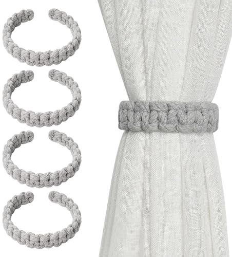Ferizzia 4 Piezas Alzapaños Cortinas, Alzapaño de Algodón Tejido a Mano | Alzapaños Cortina Boho, Curtain Tiebacks, Abrazaderas Cortinas para dormitorios, Salas de Estar y oficinas (Gris)