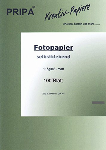 pripa 100 Blatt InkJet Fotopapier - selbstklebend - matt beschichtet - ohne Glanz - DinA4-210 x 297 mm - 115g - Tintenstrahldrucker