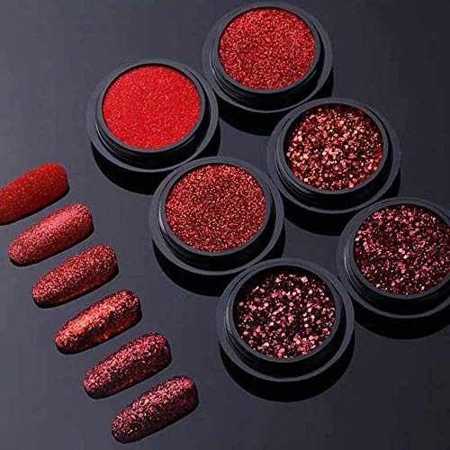 6 Boxen Rotes Glitzerpulver Nagelkunst Glitter Spiegeleffekt Chrom Pigment UV Gel Lack Schimmer Dip Staub Nagelkunst Dekoration Nagel Kit Chrom Pulver für Nägel (6boxen rot Zucker Glitter)