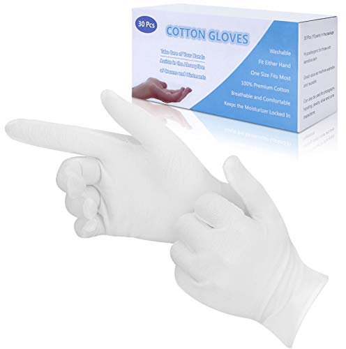 30 Pcs White Cotton Gloves for Eczema, Washable Shrink Resistant Cotton Gloves for Men and Women, Stretchable Breathable Cloth.