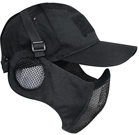 Yzpacc Airsoft Half Face Mask and Patch Hat Set Steel Mesh Mask with Ear Protection and Baseball Cap Tactical Protective Mask for CS Game BB Gun Paintball Hunting Shooting
