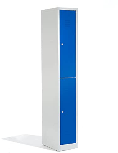 Schrank & Stuhl Spind – Metallspind mit 1 x 2 Abteilen 195 x 31,5 x 50 cm, Schließfachschrank mit Zylinderschlössern, Lieferung komplett montiert, Grau/Blau