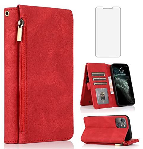 Asuwish Compatible with iPhone 13 6.1 inch Wallet Case Tempered Glass Screen Protector Zipper Leather Flip Cover Card Holder Stand Cell Phone for iPhone13 5G i i-Phone i13 iPhone13case Women Men Red