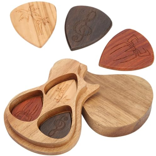 Gitarren Plektrumbox mit 3 Stück Plektrum, Massivholz Gitarren Pick Box Gitarristen Geschenk Klassisches Gitarrenplektren Box für Geschenk Musikinstrument Bass Ukulele Zubehör, 32x27x3mm Plektrum