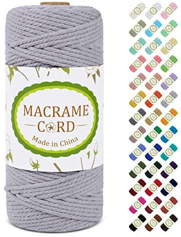 Corda Macrame 3mm x 100m, LEREATI Filo Macrame 3mm Cordoncino Cotone Colorato, Macramè Filo Cordino per Borse Uncinetto, Arazzo da Parete, Fai da Te, Decorazioni Nuziali, Piante (Grigio Chiaro)