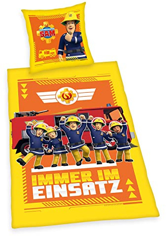 Herding Bettwäsche-Set Feuerwehrmann Sam Glow in the dark, Im Dunkeln leuchtendes Wendemotiv, Kopfkissenbezug 80 x 80 cm, Bettbezug 135 x 200 cm, Mit leichtläufigem Reißverschluss, Baumwolle
