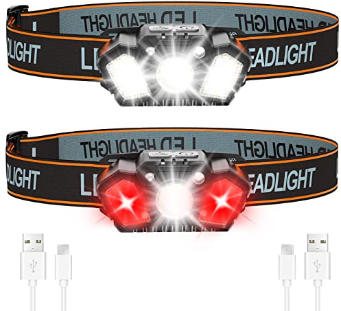 Lsnisni Linterna Frontal LED USB Recargable, Linterna Cabeza 1500 Lumen 2 Piezas, 5 Modos con Luz Roja y Sensor de Movimiento, Ligero y Portátil, IPX4 Impermeable para Camping, Senderismo y Pesca