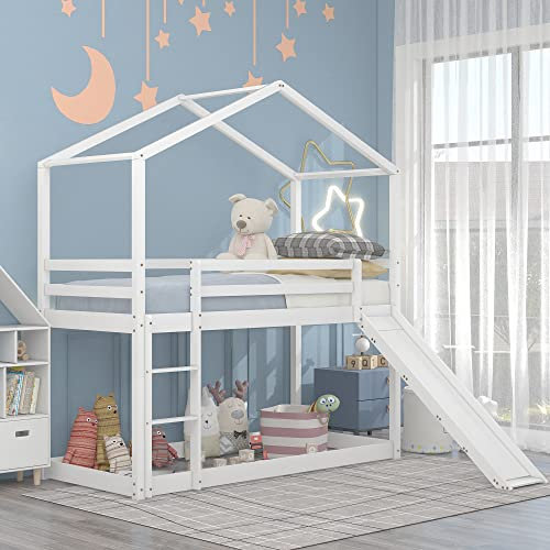Kinderbett Hausbett,Jugendbett,Etagenbett Hausbett,Niedriges Etagenbett Mit Rutsche,Massivholz-Etagenbettrahmen Mit Lattenrost 90X200Cm,Weiß,White