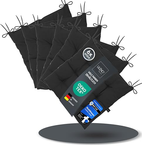 LILENO HOME 6er Set Stuhlkissen 33 Schwarz (40x40x6 cm) - Sitzkissen für | Garten, Küche oder Esszimmer - UV-beständige indoor u. outdoor Stuhlauflage als Stuhl-Kissen (Linda FUM)