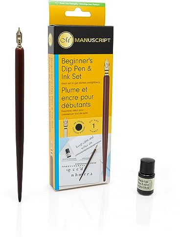 MANUSCRIPT Dip Pen Calligraphy Set for Beginners - Durable & Premium Calligraphy Beginners Set, Contains: Round Hand Nib, Dip Wooden Holder & 7ml Black Ink Bottle to Get Started Straightaway