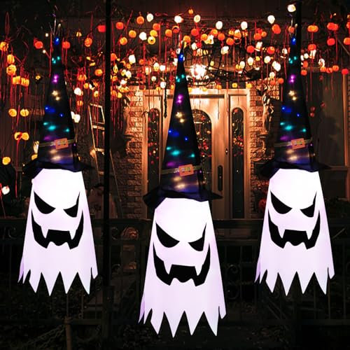 3 Stück Halloween Deko Outdoor, 80CM Geist Dekoration Garten Mit Hexenhut, Lichterkette Fliegende Geisterhüte Mit 14 LED Lichtern für Party Horror Terrasse Baum Veranda