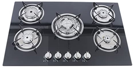 Gaskochfeld 5 Flammig Einbau, 77 * 51cm Glas Gaskocher mit Automatischer Zünd- Und Zündschutz, Erdgas/Propangas, Paneel aus Gehärtetem Glas