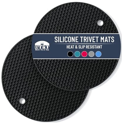 BTaT Silicone Trivet Mats, 2 Pack - Black Round Silicone Trivets for Hot Pots, Pans & Dishes