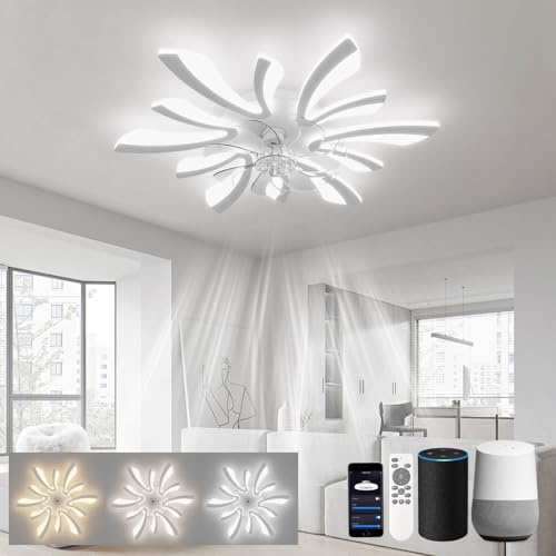 LJX Deckenleuchte mit Ventilator Kompatibel mit Alexa und Google Assistant Dc 78cm Deckenlampe mit Ventilator Leise Winter/Sommerbetrieb Dimmbar für Schlafzimmer Küchen, Weiß