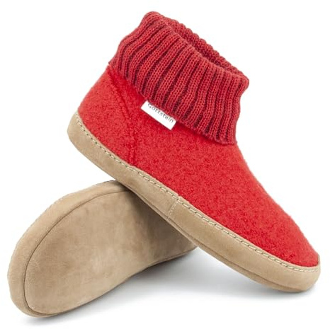 Gottstein Zapatillas de cabaña Dakota de lana virgen sin muesing, hechas a mano, de fieltro de lana, para hombre y mujer, talla 36-47, con cintura alta y suela de piel acolchada, berenjena, 39 EU