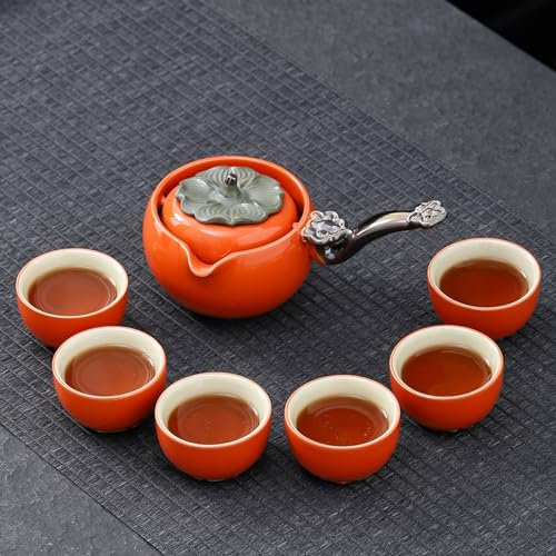 NEDLON Creative Ceramic Rotating Teapot Set,Chinese Tea Cup Set, 360 Rotation Tea Maker and Infuser,Gift for Tea Lovers (Color : Orange, Size : C)