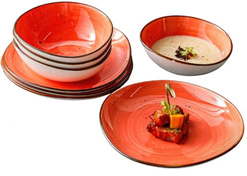 Kadum Potosi - Set di stoviglie da 8 pezzi, per 4 persone, piatti piani in ceramica di alta qualità, 4 piatti da colazione Ø 21,0 cm e 4 insalatiere Ø 15,0 cm (rosso-arancione)