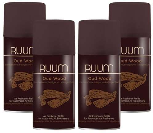 RUUM Lufterfrischer Nachfüller Oud Wood 250ml (4er Pack) | Raumduft-Spray-Nachfüller, kompatibel mit Freshmatic Max, edler Holzduft