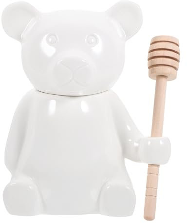 Luxshiny Pot à Miel en Céramique Blanche D’ours avec Cuillère en Bois, Distributeur Créatif pour Stocker et Mélanger le Miel Cuisine
