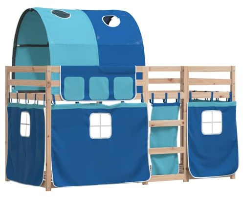 vidaXL Litera con Cortinas Madera Maciza de Pino Azul 90x200 cm, Cama, Estructura de Cama, litera Baja, Muebles de Dormitorio, litera Doble