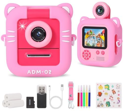 Kinderkamera Sofortbildkamera, ZUEOKAI 2,4 Sofortbildkamera Kinder mit 180°-Drehobjektiv & 3 Druckpapieren & 32GB Karte, Kamera Kinder mit Silikonhülle, Geschenke für Mädchen und Jungen 3-12 Jahre
