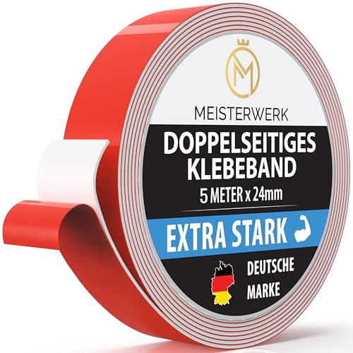 MEISTERWERK Doppelseitiges Klebeband ohne Bohren - [EXTRA STARK] - Universelles Montageband I Doppelseitiges Klebeband stark I Doppelklebeband klebeband (5m x 24mm)