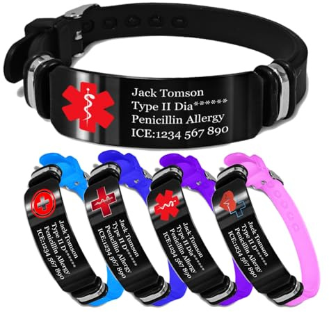 Personalisiertes medizinisches Notfallarmband für Herren, medizinisches ID-Armband, individuelle Gravur, Notfallkontaktinformationen, Textname, verstellbares Silikon-Armband, 6.1-8 in length and