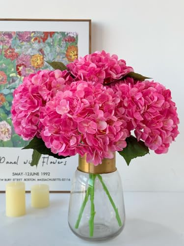YalzoneMet 4 hortensias artificiales de seda magenta, color rojo rosa, flores grandes realistas de 20 pulgadas de largo, ramos de hortensias artificiales para decoración del hogar, fiesta, interior,