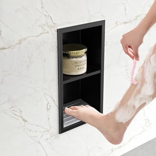 Neohomee Wandnische Dusche Versenkte Fußstütze mit Regal 304 Edelstahl Schwarze Nische mit Rutschfest Silikonpads für Badezimmer, 34x18cm