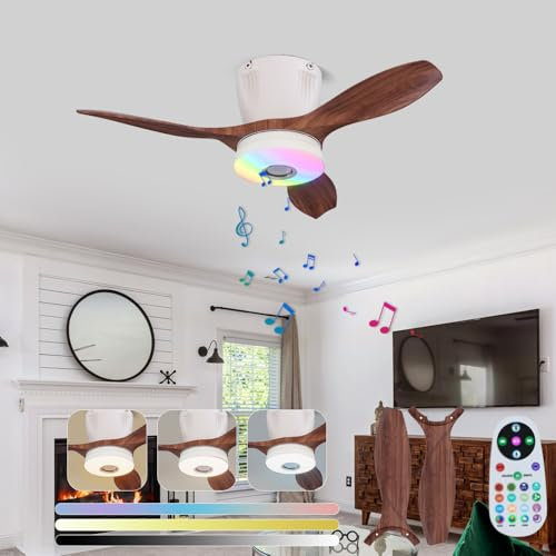 RGB Deckenventilator mit Beleuchtung Musik Ventilator Lampe LED Dimmbar Deckenleuchte mit Ventilator und Fernbedienung Leise Deckenventilator für Schlafzimmer Wohnzimmer Kinderzimmer 54cm (Weiß)