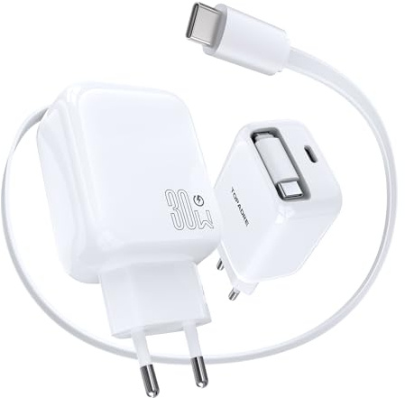 TOPADRE 30W USB C Ladegerät & Einziehbarem Kabel für iPhone, Kompakt Reisen | 30W GaN Schnellladegerät USBC Ladestecker 2-Port Netzteil (Einziehbares Kabel) für iPhone 17-15, für iPad Pro/Air & Galaxy