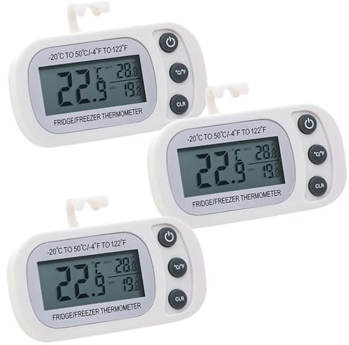 Lotvic Fridge Thermometer Digital, 3PCS Refrigerator Thermometers, Freezer Thermometer with Large LCD Display Min/Max °C/°F Function, Fridge Thermometers UK for Freezer Refrigerator (3 Pack White)