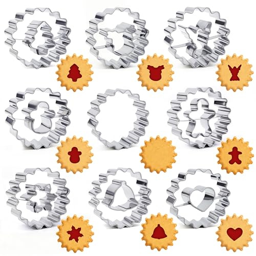 Weihnachten Linzer Ausstecher, 9 Stück Mini Ausstechformen Edelstahl Keksausstecher Set, Plätzchenausstecher Weihnachten, Cookie Cutter für Tortendekorationen Süßigkeiten und Kekse
