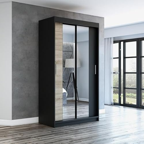 A&J MöbelLand Schwebetürenschrank NEO Kleiderschrank 2-türig mit Spiegel, Garderobe 120 cm (Schwarz/Sonoma)