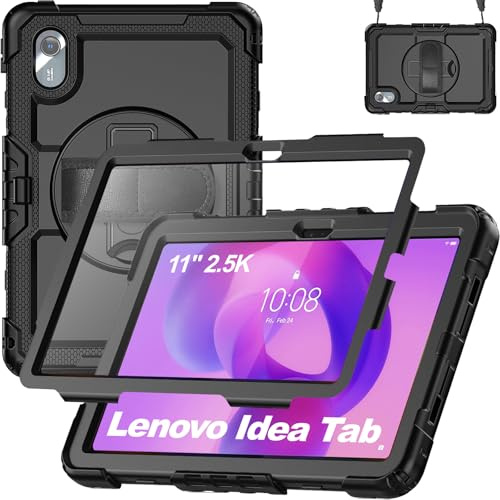 Funda para tablet Lenovo Idea Tab 11 pulgadas 2025, soporte giratorio 360° y correa de mano, correa para el hombro, soporte para bolígrafo (negro)