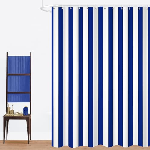 GCIREC Rideau de Douche, 180x200cm, Bleu et Blanc Minimalisme Moderne Rayures Verticales Tissu Pmperméable Machine Lavable Rideau de Salle de Bain avec Crochets