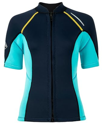 Women 1.5mm Neoprene Wetsuit Front Zipper Diving Shirt Short Sleeve Swim Tops Beach Surfing Suit Dark Blue-M