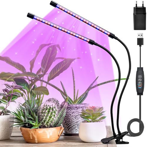 Växtlampa LED med 2 huvuden, 40 LED fullspektrum växtljus för inomhusväxter med timer 3/9/12 H, 3 ljuslägen, 10 ljusstyrkenivåer, USB-tillväxtljus med klämma