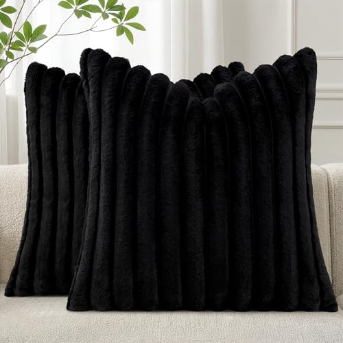 Woaboy 2er Set Kissenbezug 40x40 Flauschige dekokissen Schwarz | Flauschige Kissenbezüge Gestreifte Künstlich Pelz Sofakissen Superweich Dekokissen für Wohnzimmer Bett Couch