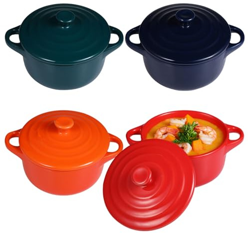 4-Pack Ceramic Dessert Ramekins with Lids, 200 ml Oven-Safe Dishes, Baking Bowls with Handles – Perfect for Steaming, Custard and Soup