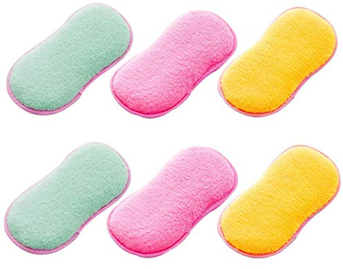 (6Pcs) Kitchen Antibacterial Scouring Pads, Double Sided Scrubbing Sponges Scourer Non Odor Dish Scrubber Brush for Non Stick Pans Pots Cookware - 2 Pink+2 Green+2 Yellow