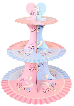 Amosfun 3 Tier Gender Reveal Cupcake Stand, He or She Cupcake Display Holder, Easy Assemble Cardboard Dessert Tower, Baby Shower Gender Reveal Party Supplies
