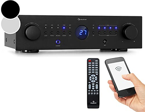 Auna Verstärker, HiFi Stereo Mini Verstärker, HiFi-Verstärker mit Bass & Treble Regler, 4 Kanal Audio-Verstärker, Stereo-Verstärker & Lautsprecher mit Fernbedienung & AUX Eingang, AV Receiver