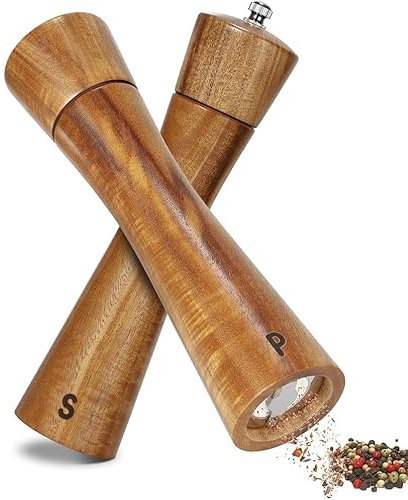 BVHOTO Salz- und Pfeffermühle, Set mit 2 Gewürzmühlen aus Akazienholz, 20,3 cm große Pfeffermühle, Keramikmahlwerk mit Reinigungsbürste und Löffel für verschiedene Gewürzmühlen, Sesammühle