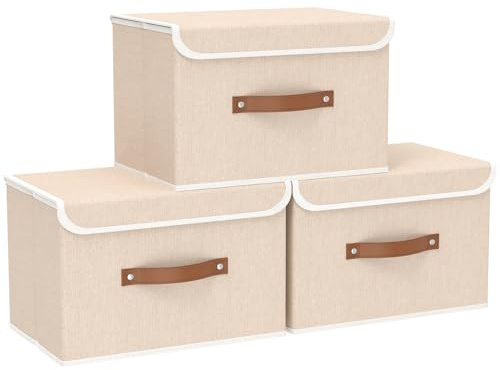 Yawinhe 3 Stück Aufbewahrungsboxen mit Deckel,45x30x30cm,Beige | Waschbare Faltbare Stoffboxen;Kisten Aufbewahrung mit Praktischen Griffen;Faltboxen Aus Vliesstoff für Schlafzimmer