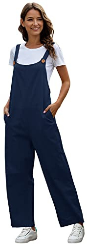Odizli Latzhose Damen Sommer Locker Lang Weite Hose Overall Jumpsuit Einteiler Playsuit Arbeitslatzhose Große Größen mit Taschen Loose Fit Hoseanzug Romper Dunkelblau L