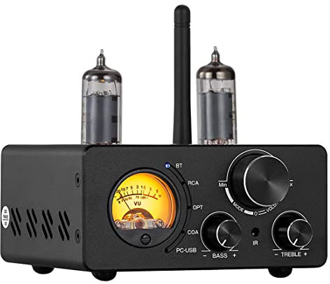 Amplificador de válvulas Bluetooth 5.0, amplificador digital de audio estéreo, ajuste de altura, entrada Bluetooth/PC USB/coaxial/óptica/RCA, con medidor de VU, altavoz pasivo con control remoto