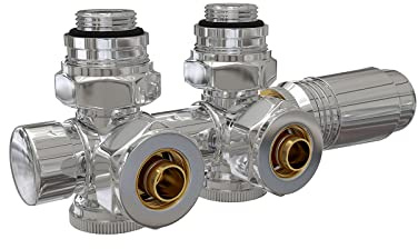 EMKE Hahnblock Multiblock Heizkörper Mittelanschluss Ventil-Armaturen Ventilhahnblock Set mit Thermostat, Eck und Durchgangsform, Heizkörperventil für Badheizkörper Chrom G1/2